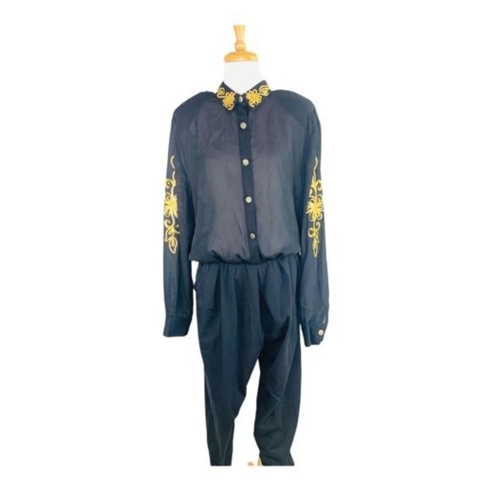 80s Jumpsuit Stirrups PG Collection by Ginger Bort Romper Gold Embroidery XL - Picture 9 of 14